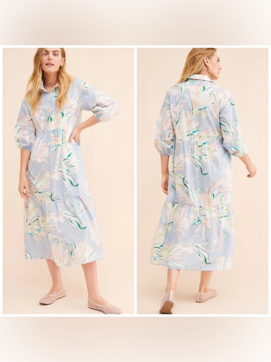 Anthropologie Dresses & Skirts - Anthropologie Maeve Bettina Tiered Midi Shirt Dress Blue Multi Floral Size S